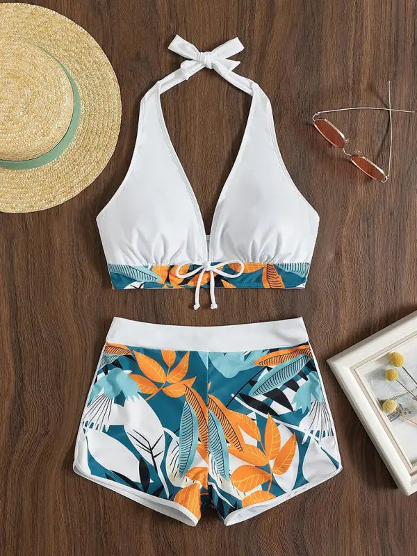 Split High Waist Boxer Ties Bikini Swim Set