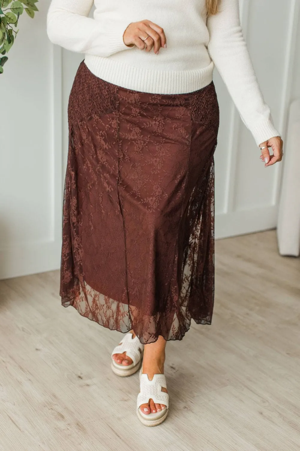 Smocked Floral Lace Midi Skirt