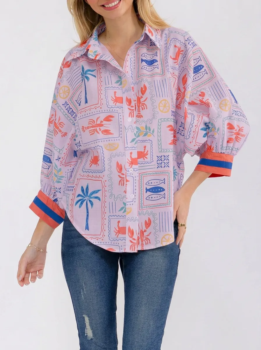 Women's Coastal Summer Lobster Fish Palm Graphic Button-Up Shirt