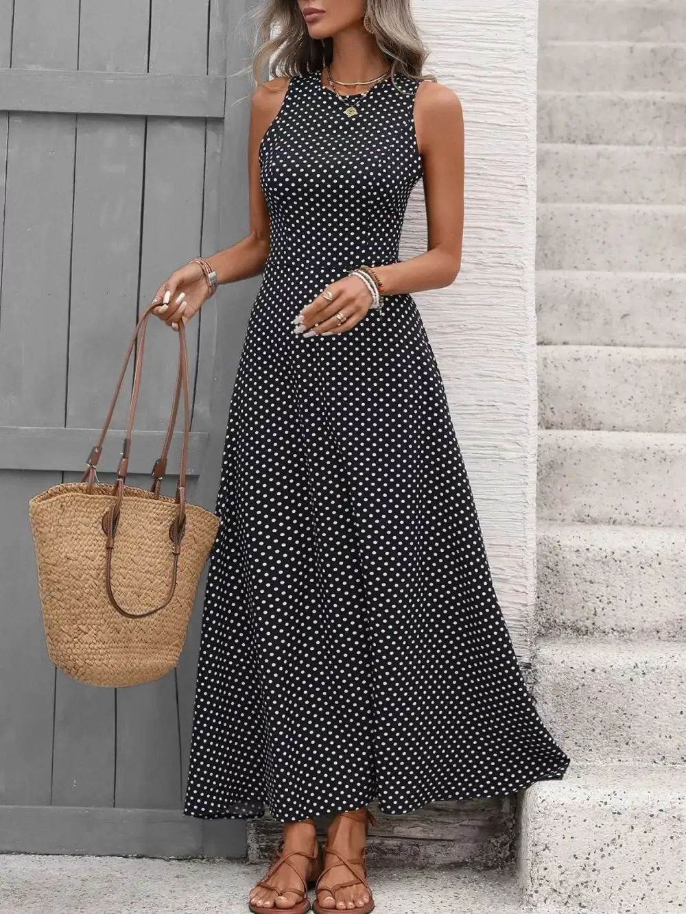 Polka Dot Sleeveless Maxi Dress