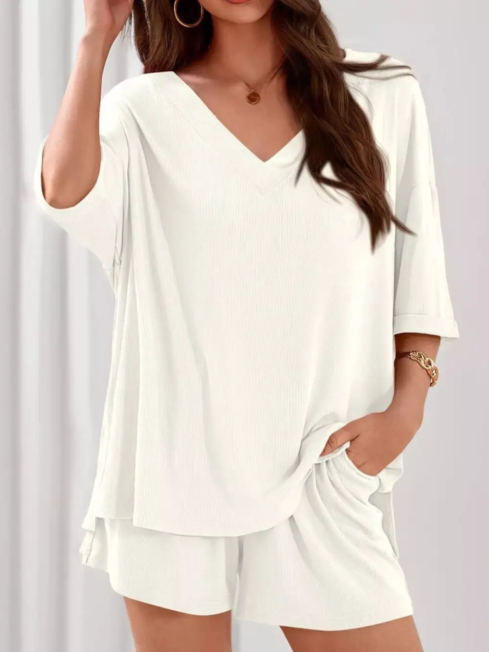 Casual Solid Color V Neck Top and Shorts Set