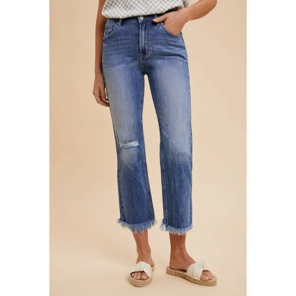 Distressed Raw-Hem Straight Leg Cropped Jeans