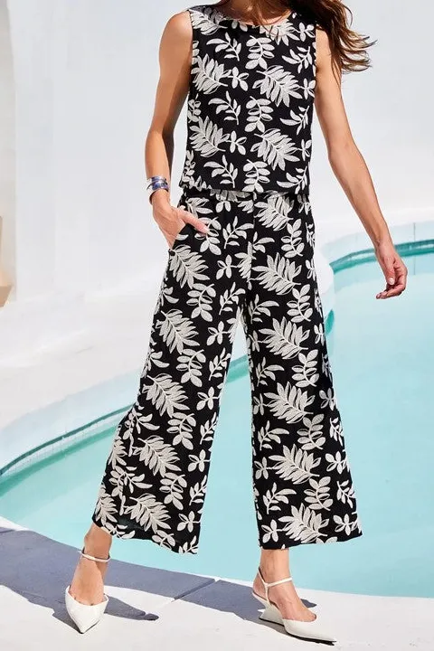 Women's Black Leaf Print Cropped Wide Leg Pants