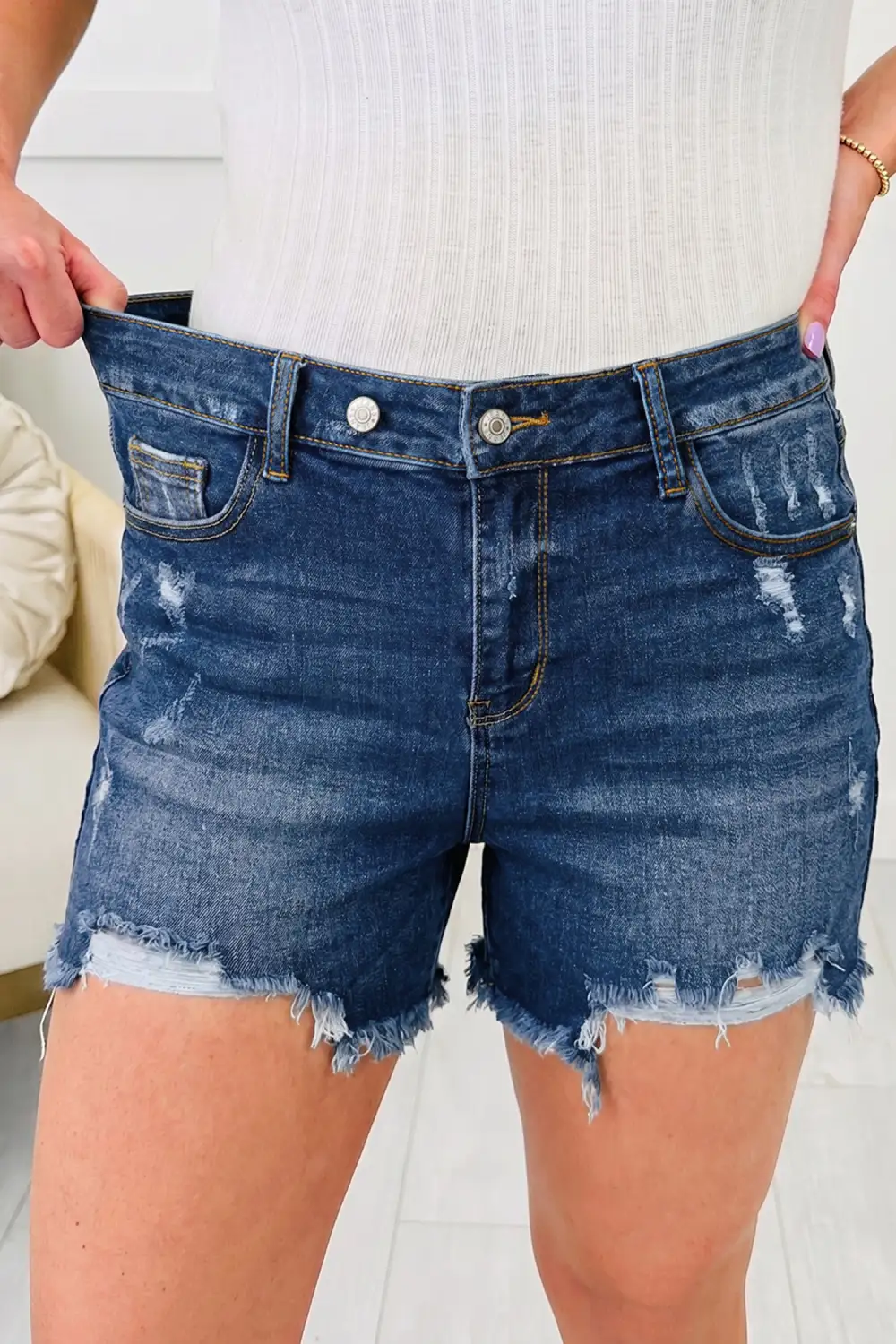 Everyday Asymmetric Raw Hem Distressed Whiskery Denim Shorts