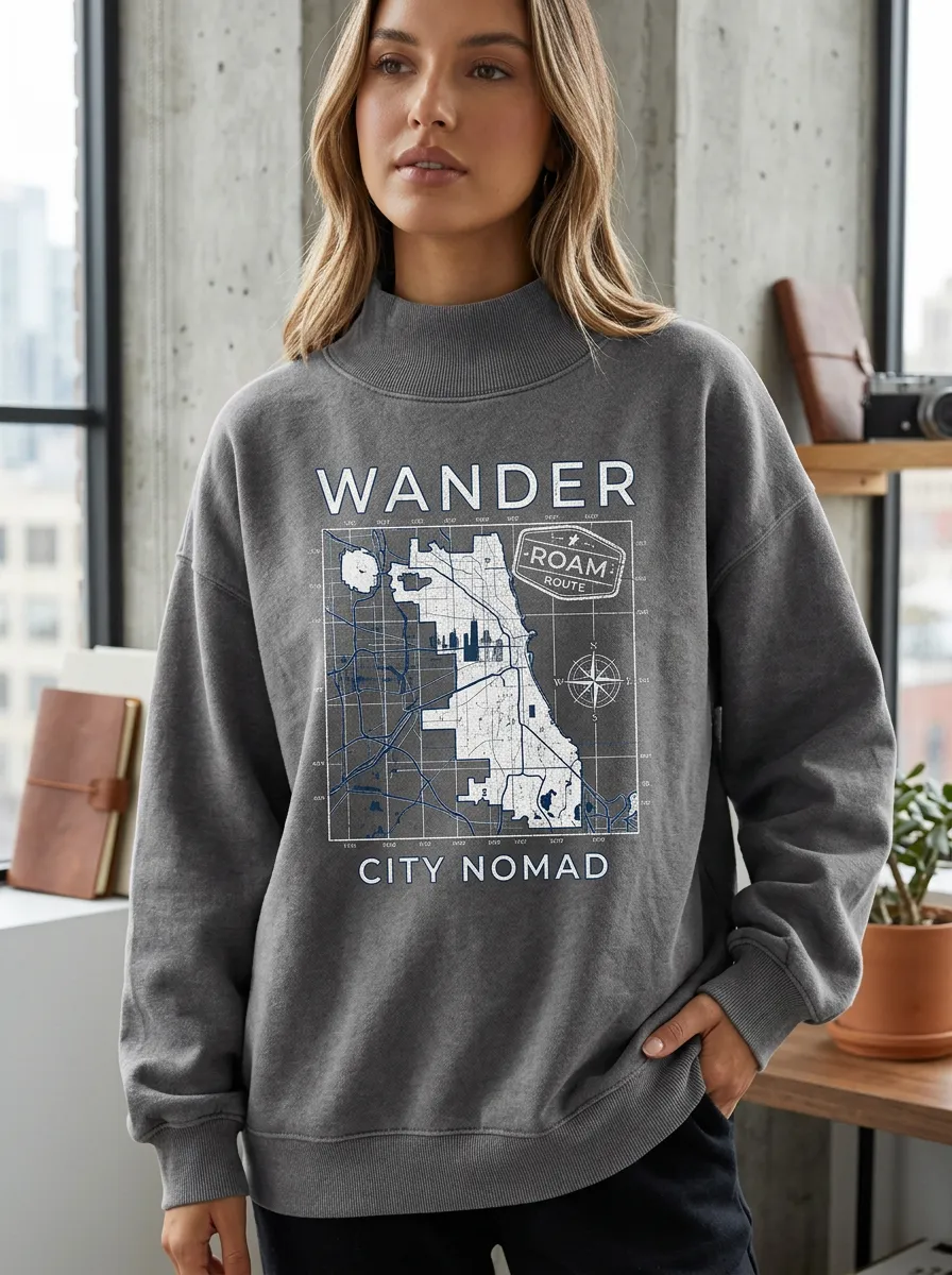 Women's Travel Lover Chicago Map Roam Route Printed Sweatshirt