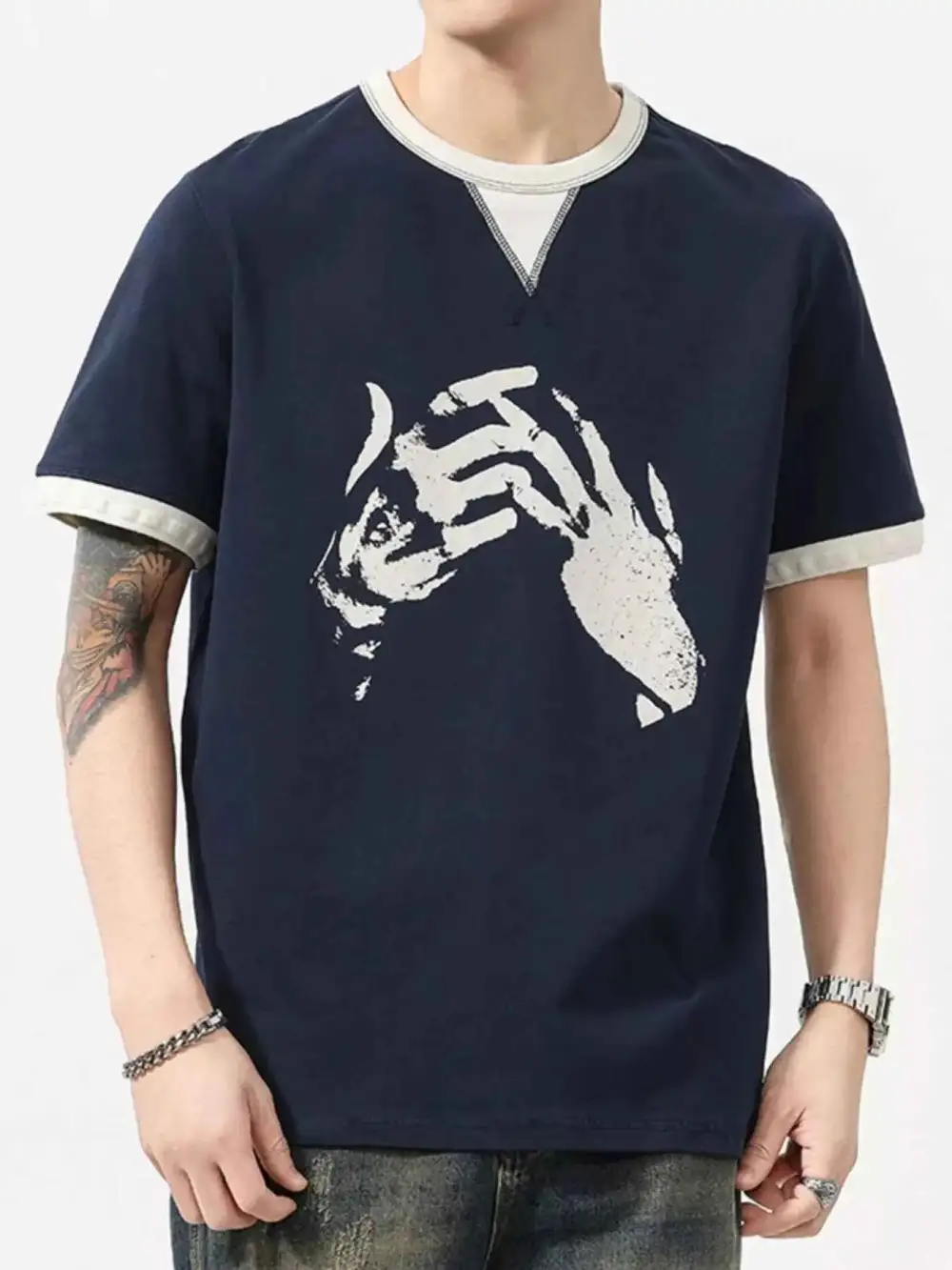 Two-Tone Short Sleeve Graphic T-Shirt