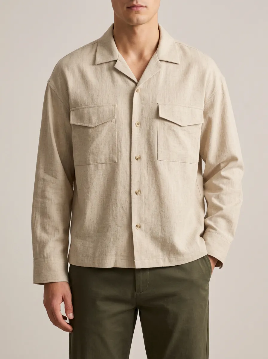 Unisex Casual Beige Shirt with Button Front Features