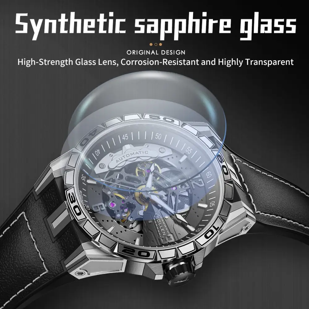 Sollen SL357 Men's Skeleton Automatic Mechanical Watch - 43mm 316L Stainless Steel Case Sapphire Crystal Multi-Layer Dial Leather-Pattern Silicone Strap Wristwatch
