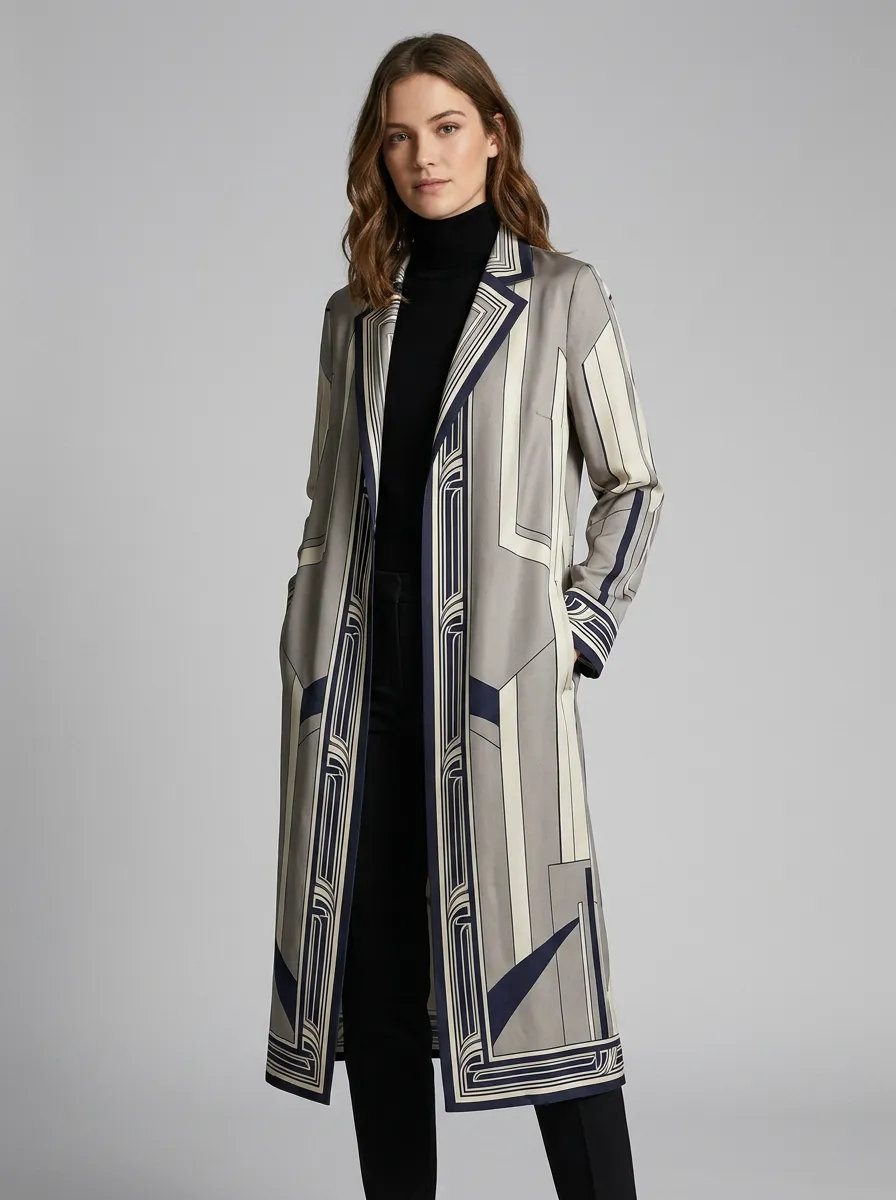 Women's Geometric Art Deco Pattern Printed Longline Coat
