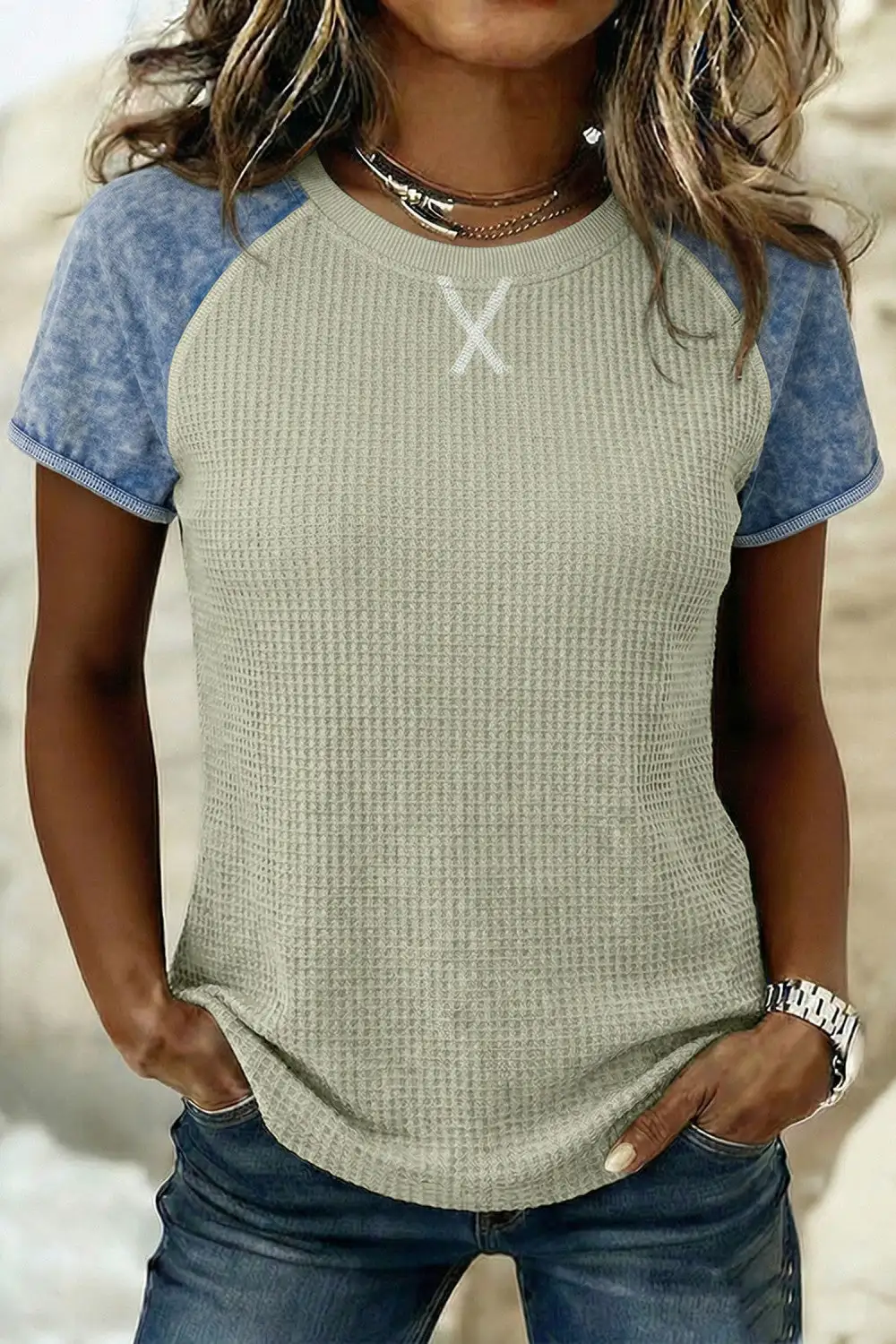 Waffle Knit Patchwork Sleeve T Shirt