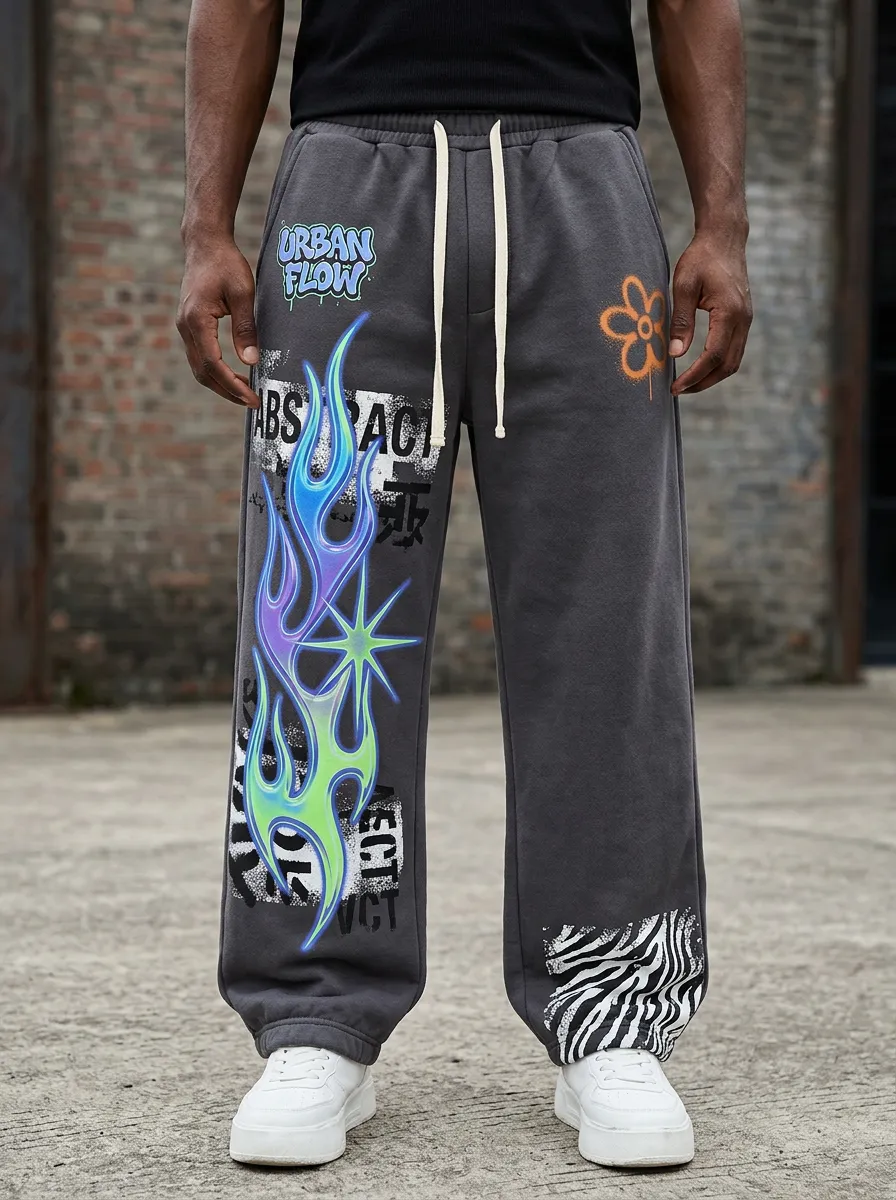 Men's Streetwear Urban Flow Flame Zebra Printed Sweatpants