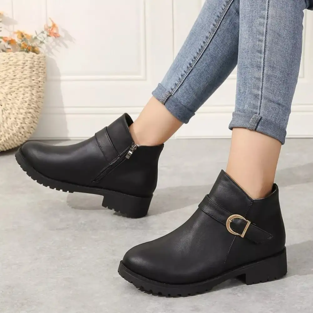 Textured Buckle Accent Ankle Boots