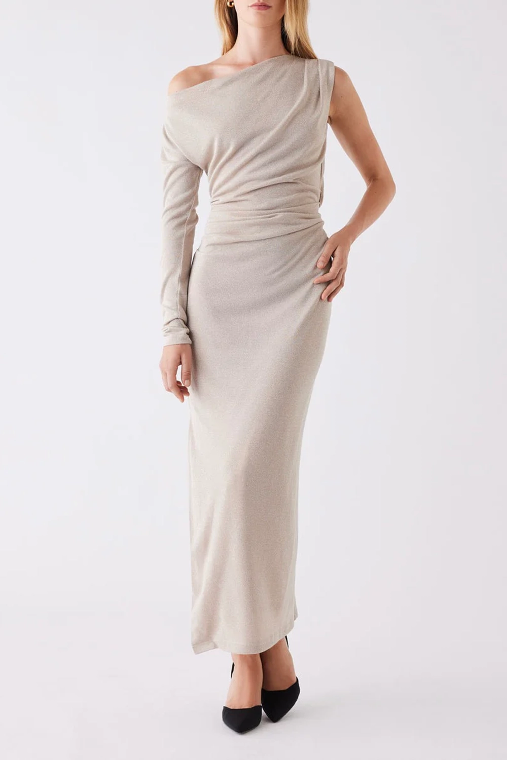 Beige One - Shoulder Ruched Maxi Dress