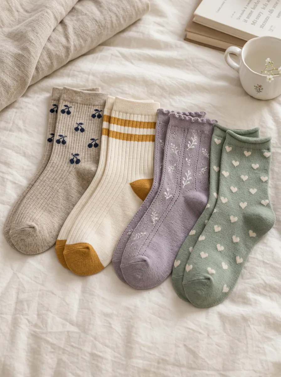 Women's Cherry Heart Floral Printed 4-Pack Crew Socks