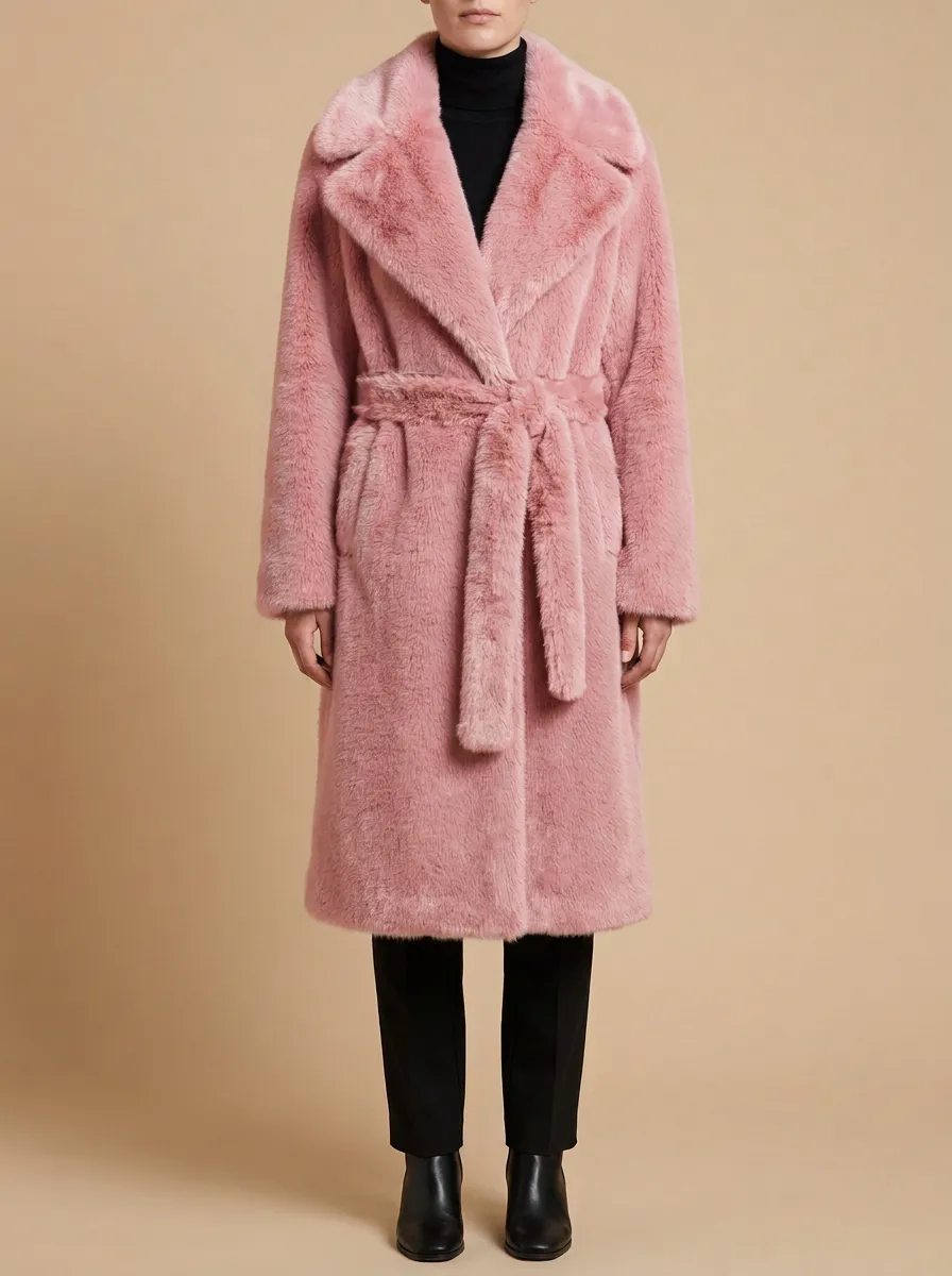 Front Pockets Solid Faux Fur Belted Coat