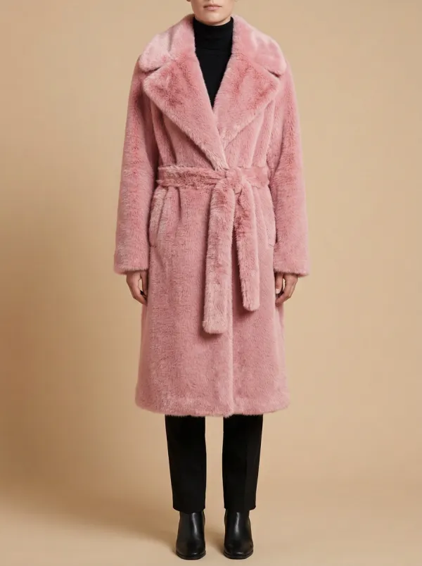 Front Pockets Solid Faux Fur Belted Coat