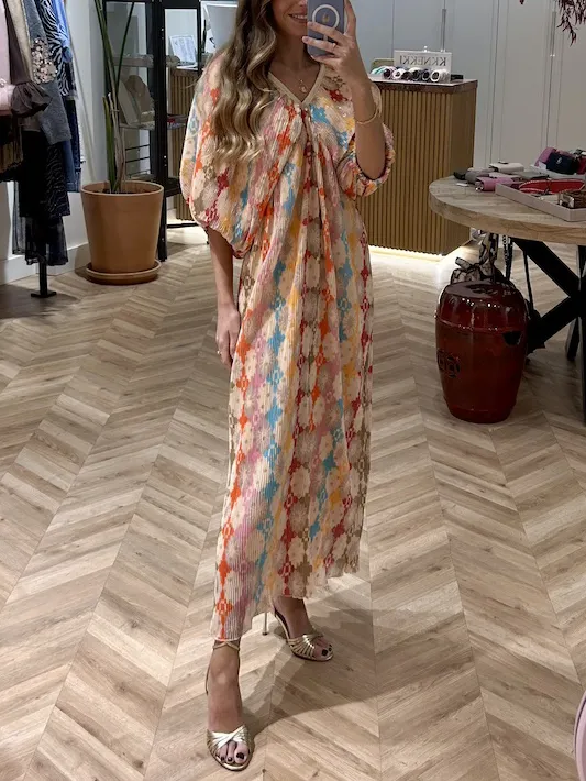 Mosaic Printed Puff Sleeve Pleated Midi Dress