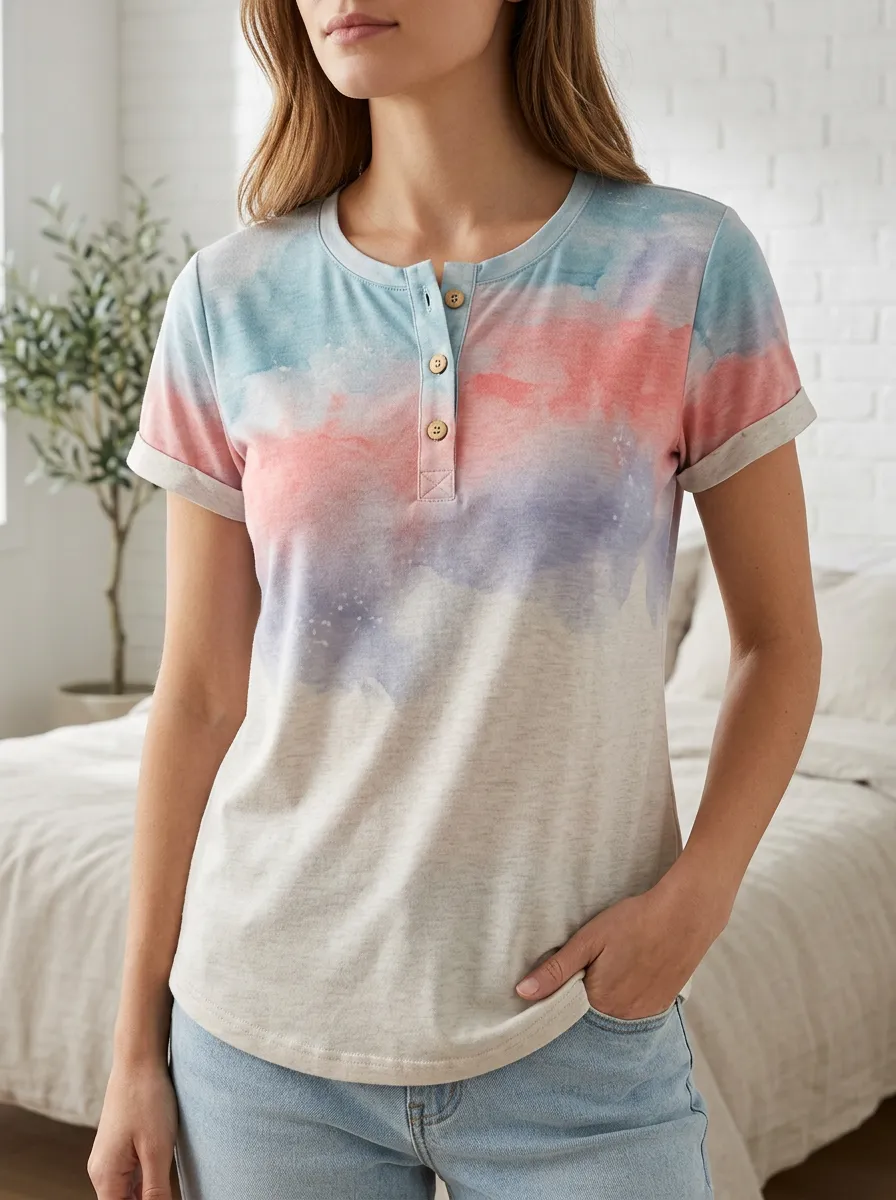 Women's Watercolor Tie Dye Printed Henley T-shirt