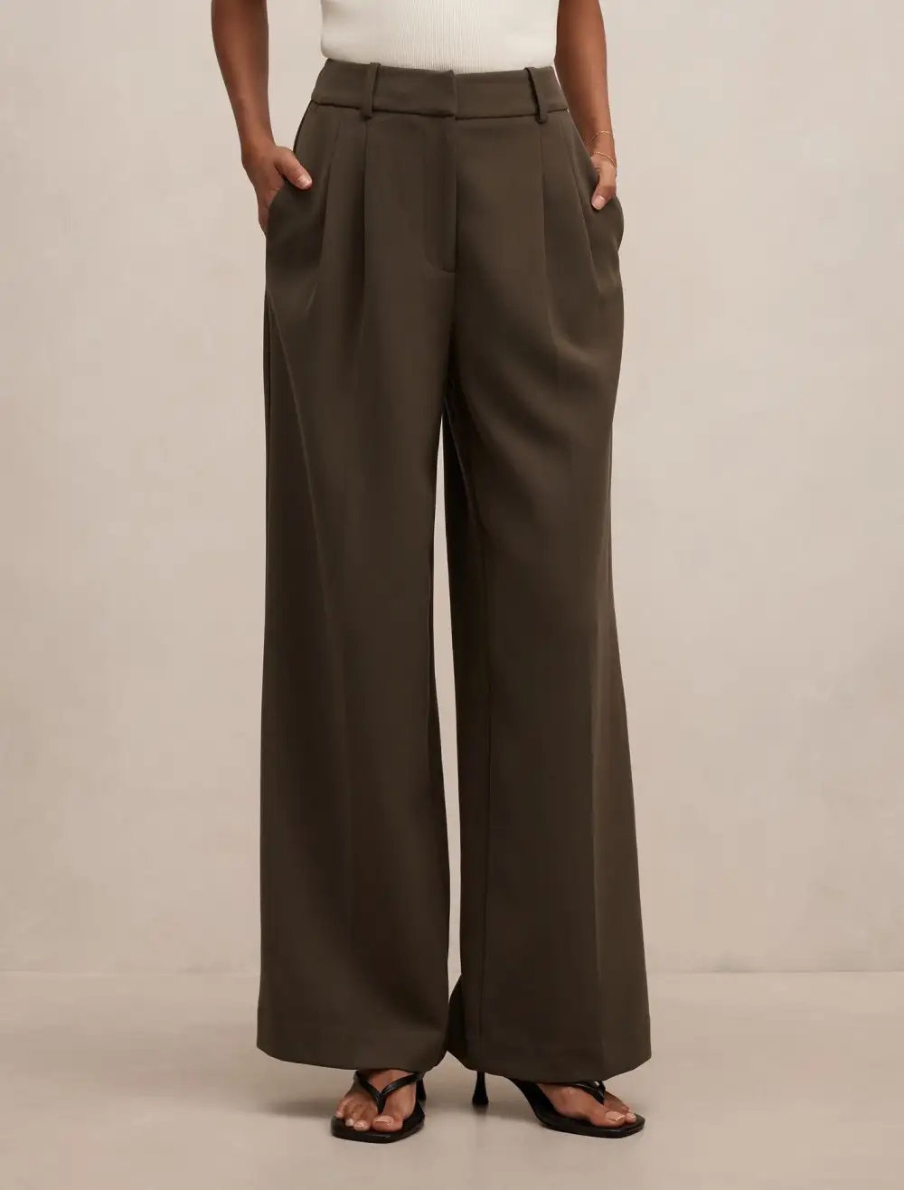 Olive Green Petite Pleat Wide Leg Pants