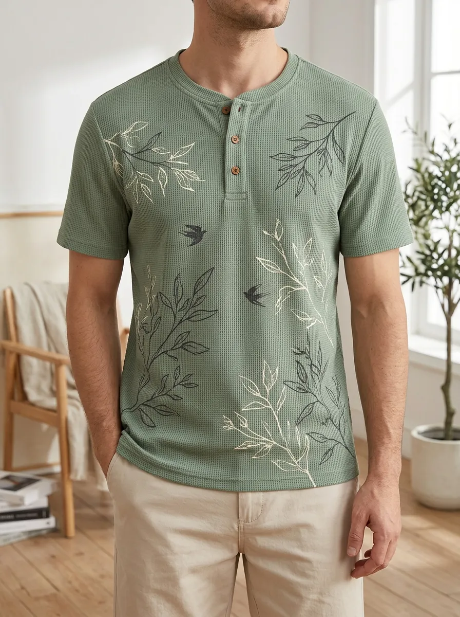 Men's Botanical Swallow Printed Waffle Henley T-shirt