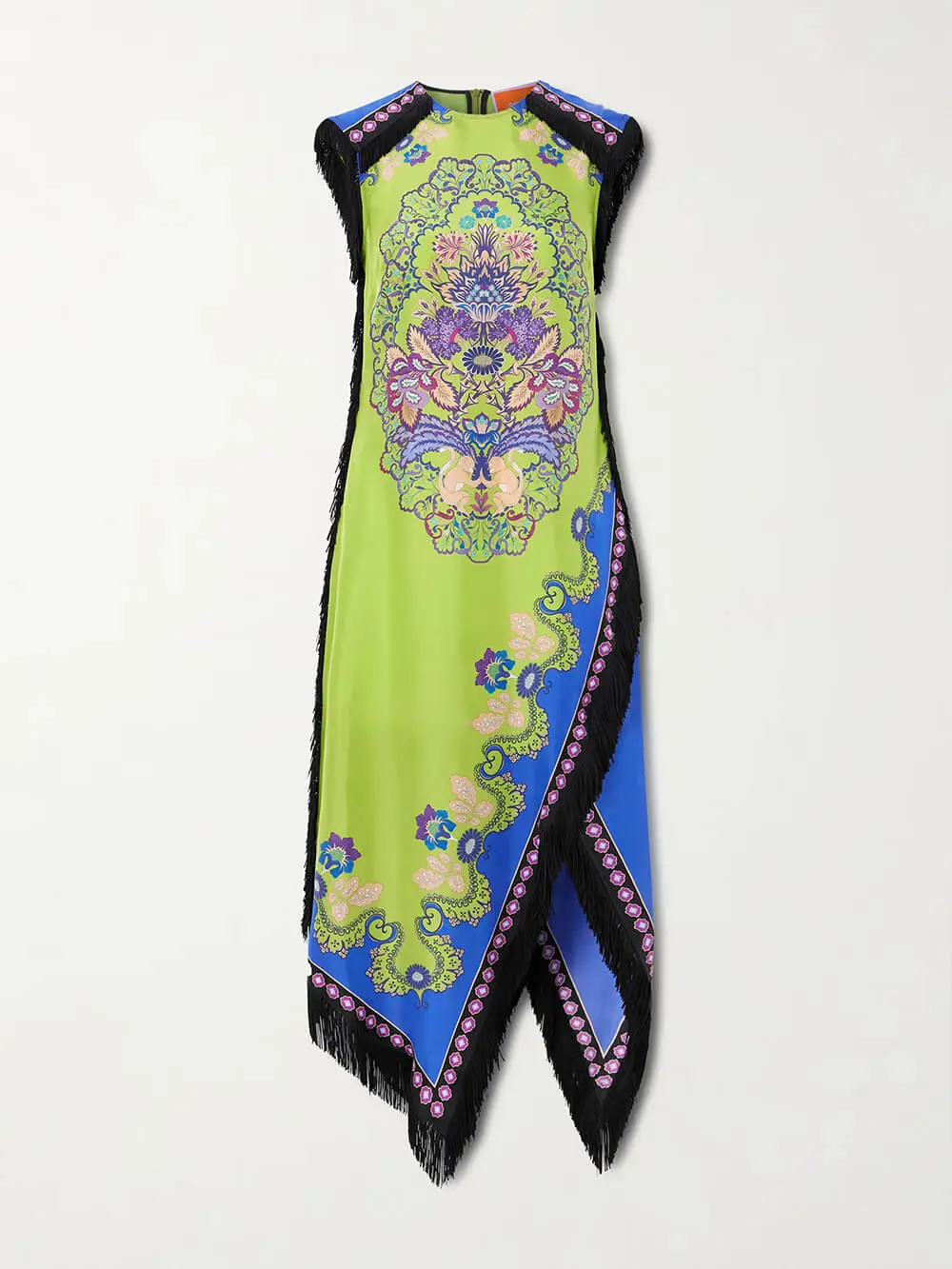 Tassel Asymmetrical Print Satin Midi Dress