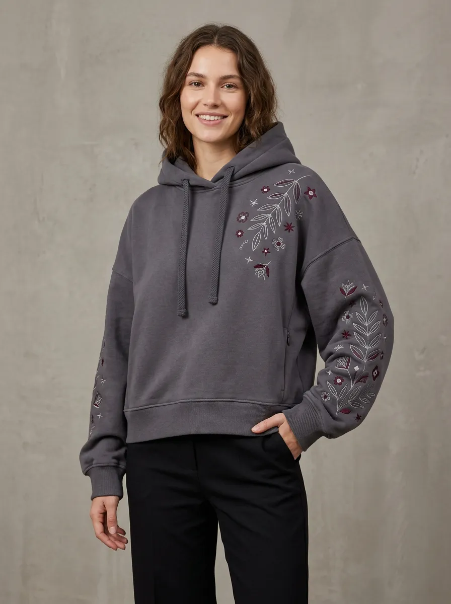 Women's Botanical Floral Branch Embroidered Graphic Easy Wear Hoodie