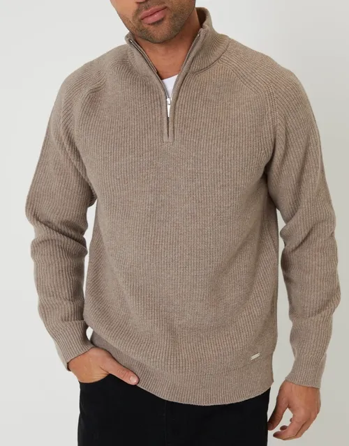 Taupe Rib Panel Quarter-Zip Knit Sweater