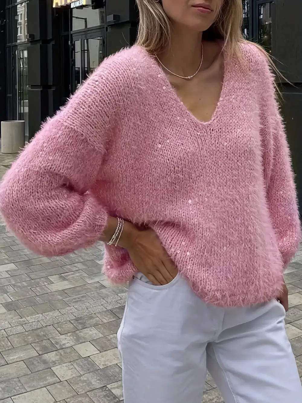 Sparkling Fuzzy V-Neck Knit Top