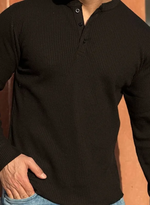 Black Slim-Fit Quarter-Zip Casual Henley