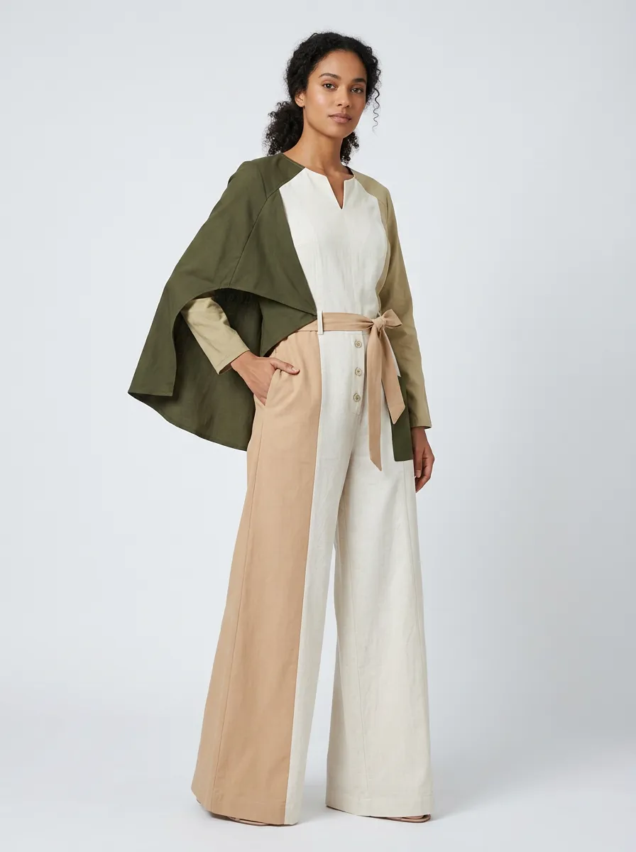 Women's Casual Style Colorblock Cape-Sleeve Belted Jumpsuit