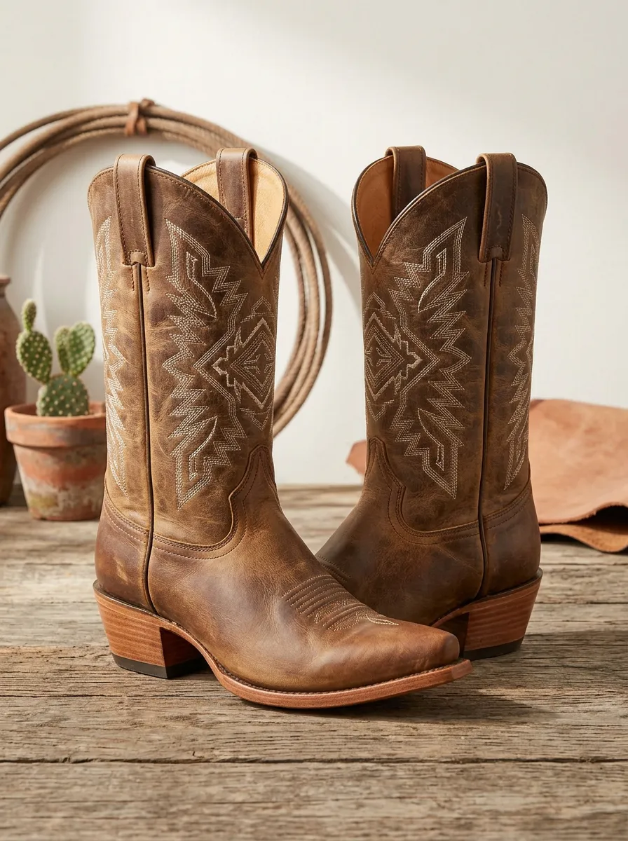 Unisex Western Cowboy Brown Embroidered Leather Boots