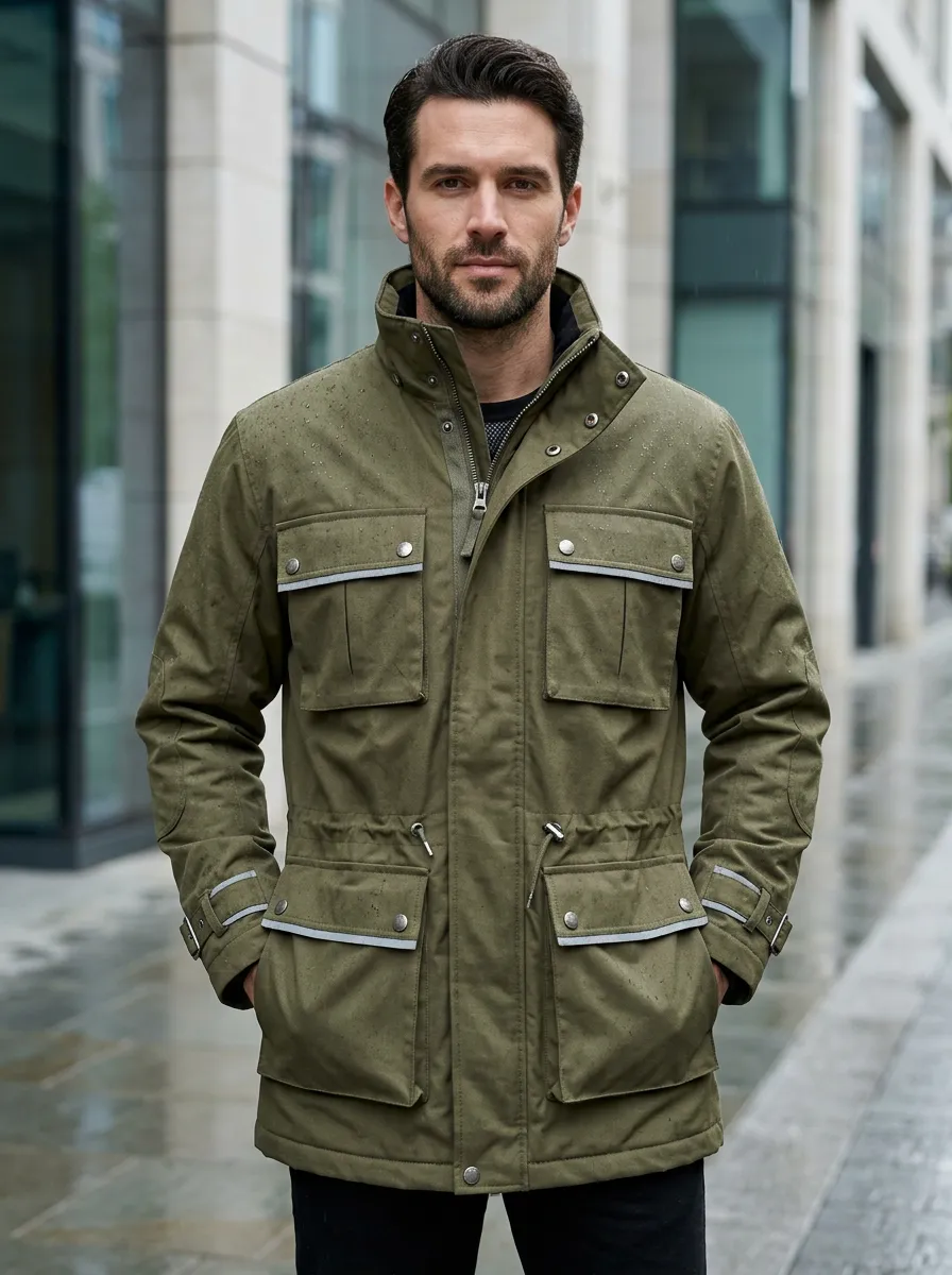 Men's Olive Green Waterproof Field Jacket with Snap Fastenings
