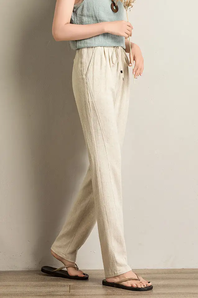 Polished Linen Wide Leg Elastic Waist Pocketed Trousers