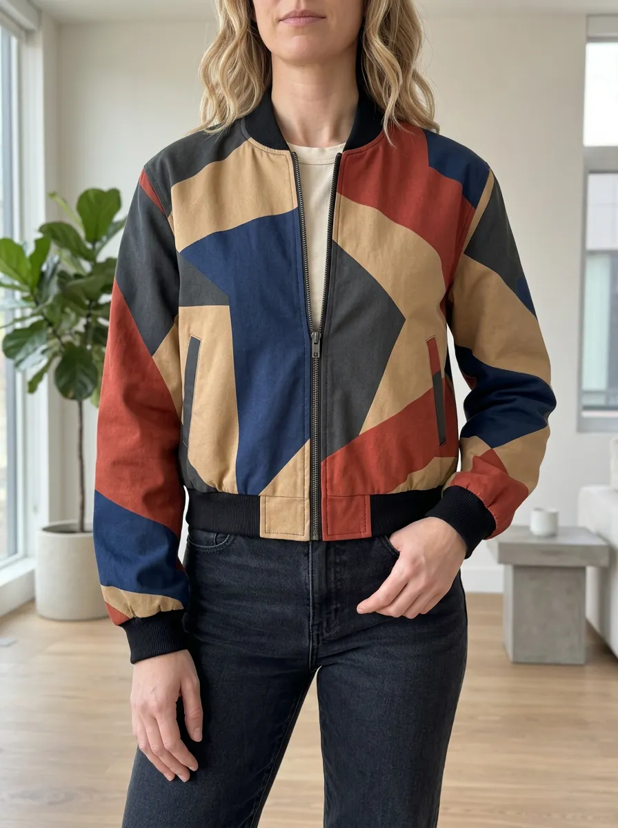 Women's Retro Geometric Colorblock Bomber Jacket
