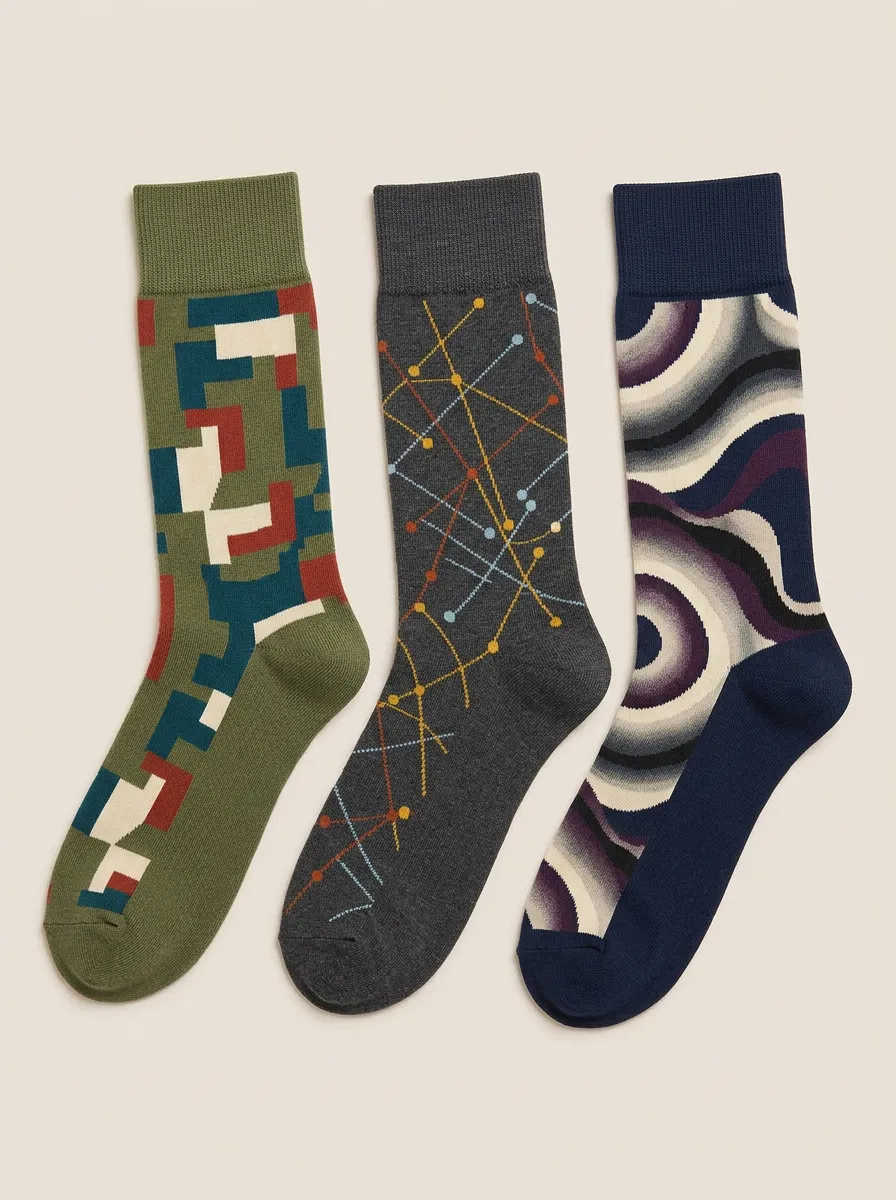 Men's Geometric Abstract Pattern Printed Three Pack Socks Patchwork Detail