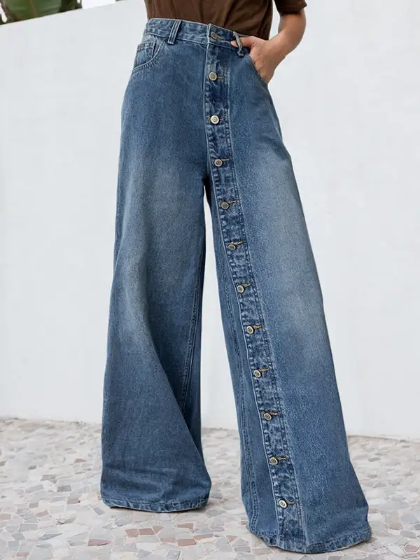 High Waist Relaxed Fit Wide Leg Button Detail Pocket Jeans