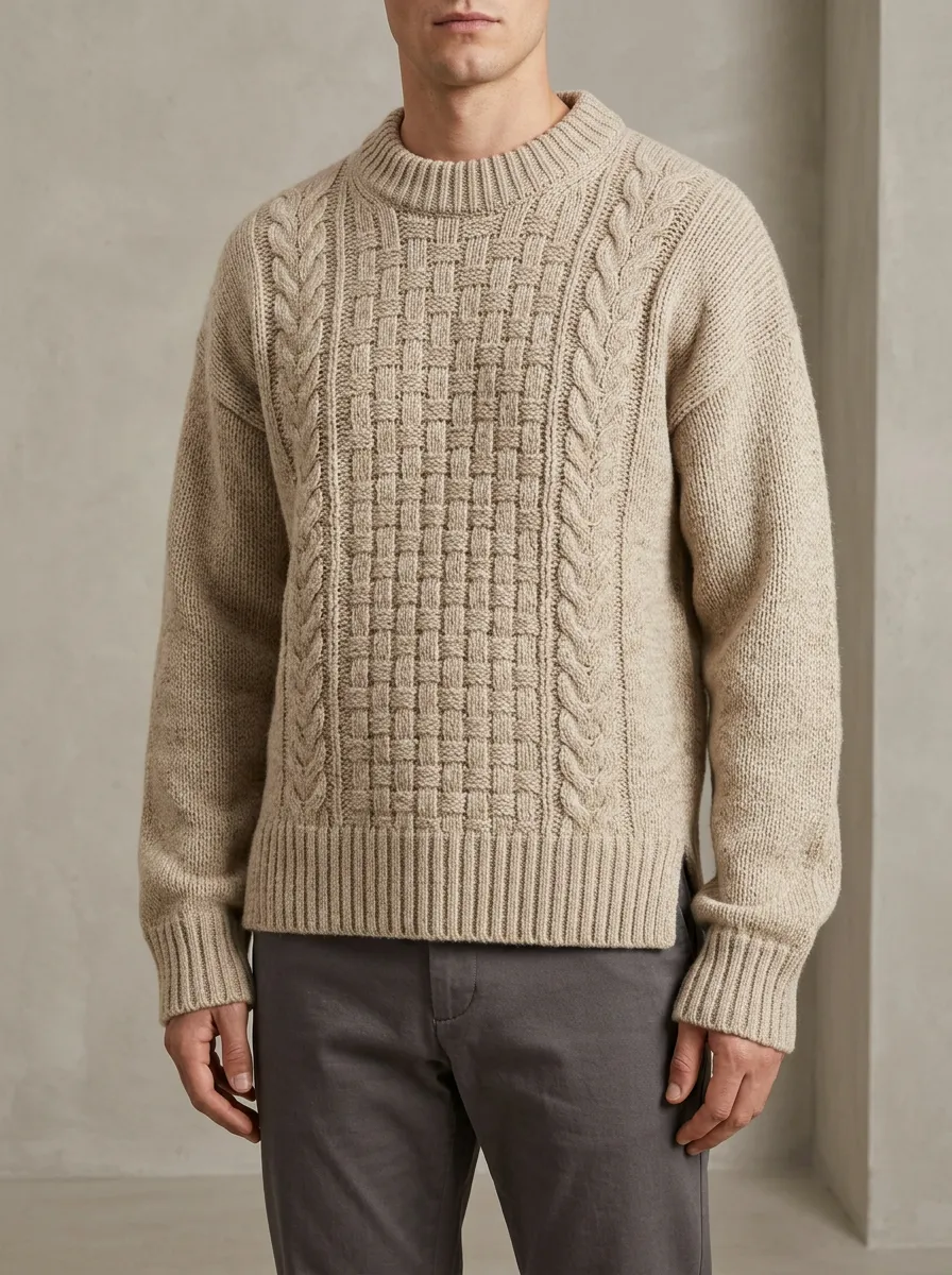Straight-Hem Cable-Knit Crewneck Sweater