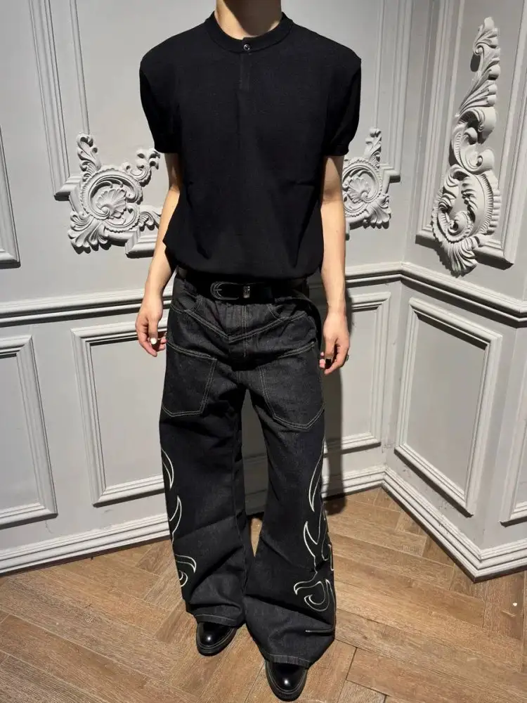 Tribal-Embroidered Wide-Leg Jeans
