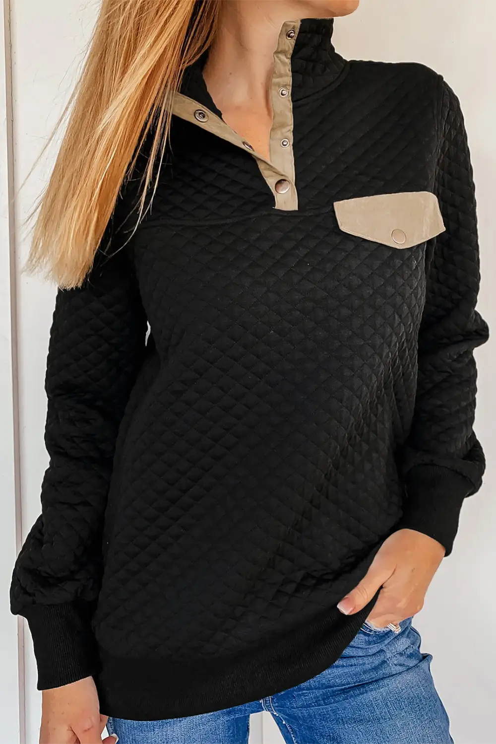 Quilted Snaps Stand Neck Fake Front Pocket Sweatshirt