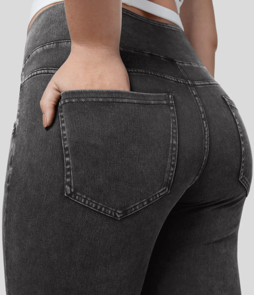Magic High Waisted Crossover Multiple Pockets Stretchy Knit Denim 7/8 Plus Size Work Leggings