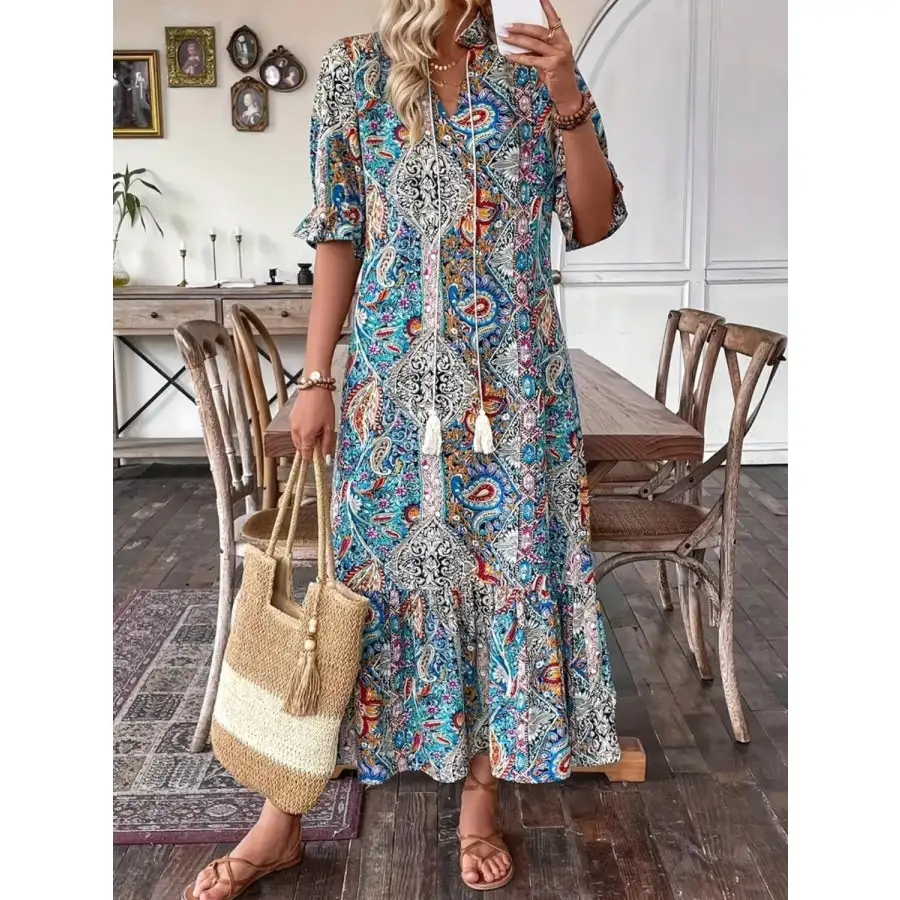 Tie Neck Flounce Sleeve Midi Dress