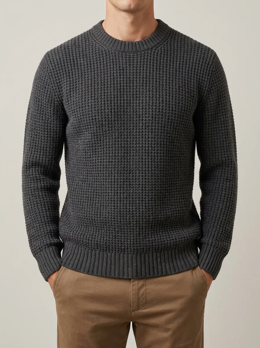 Waffle-Knit Regular-Fit Crewneck Ribbed-Cuff Pullover