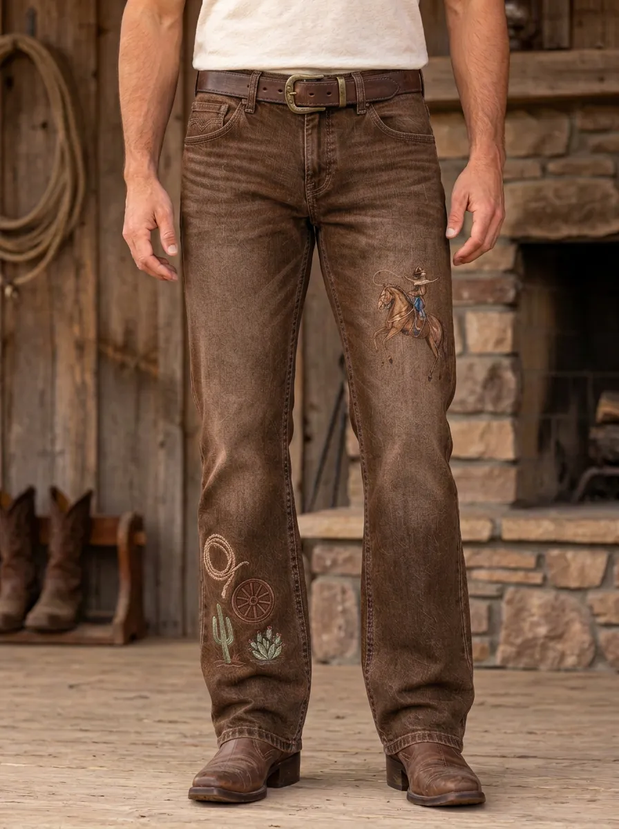 Men's Classic Western Cowboy Horse Cactus Jeans