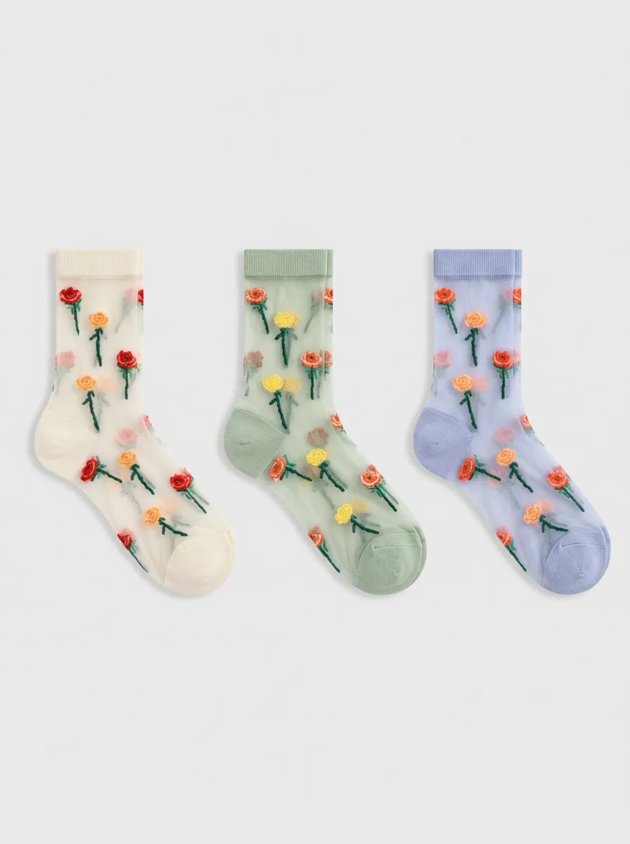 Women's Floral Rose Pattern Sheer Printed Socks 3-Pack