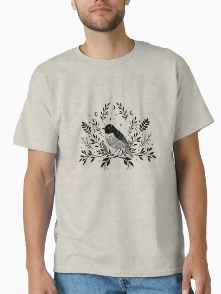 Women's Vintage-Themed Floral Bird Print Crew Neck Short-Sleeve T-Shirt