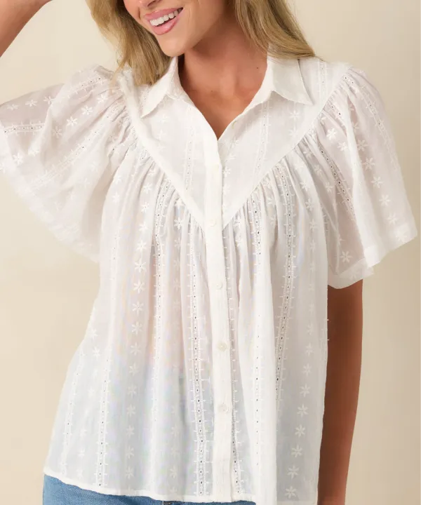 Short-Sleeve Embroidered Cotton Denim Blouse