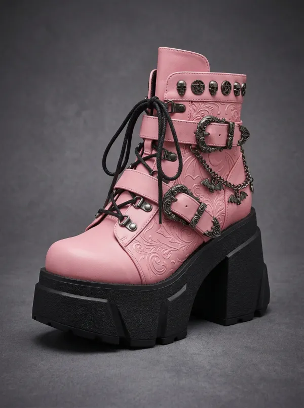 Witchy Skull Bat Embossed Edit Women's Gothic Platform Boots
