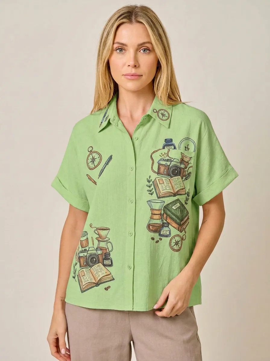 Women's Travel Inspired Camera Book Coffee Printed Button-Up Shirt