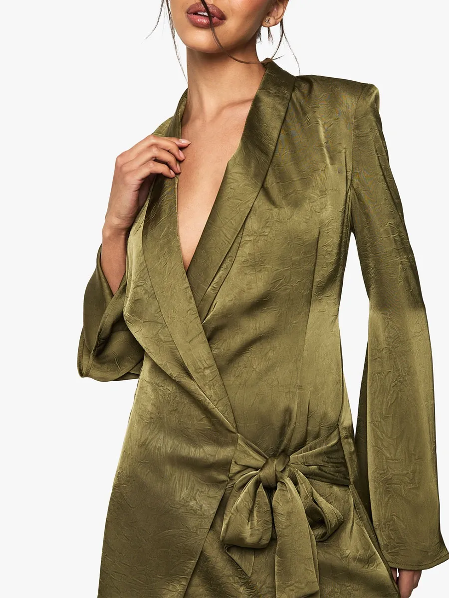 Olive Green Belted Asymmetric Blazer Dress