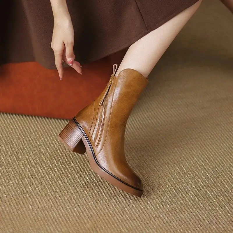 Zip Up Ankle Boots Block Heel Side Zipper Detail